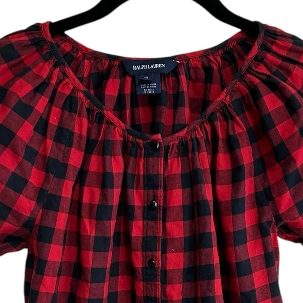 Polo Ralph Lauren Winter Peasant Top Blouse Size 12 Black Red Plaid Gingham